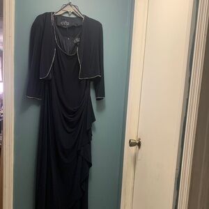 Alex Evenings Navy Draped Maxi Dress with Cropped Jacket